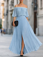 Women's Off Shoulder Pleated Maxi Evening Dress
