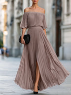 Women's Off Shoulder Pleated Maxi Evening Dress