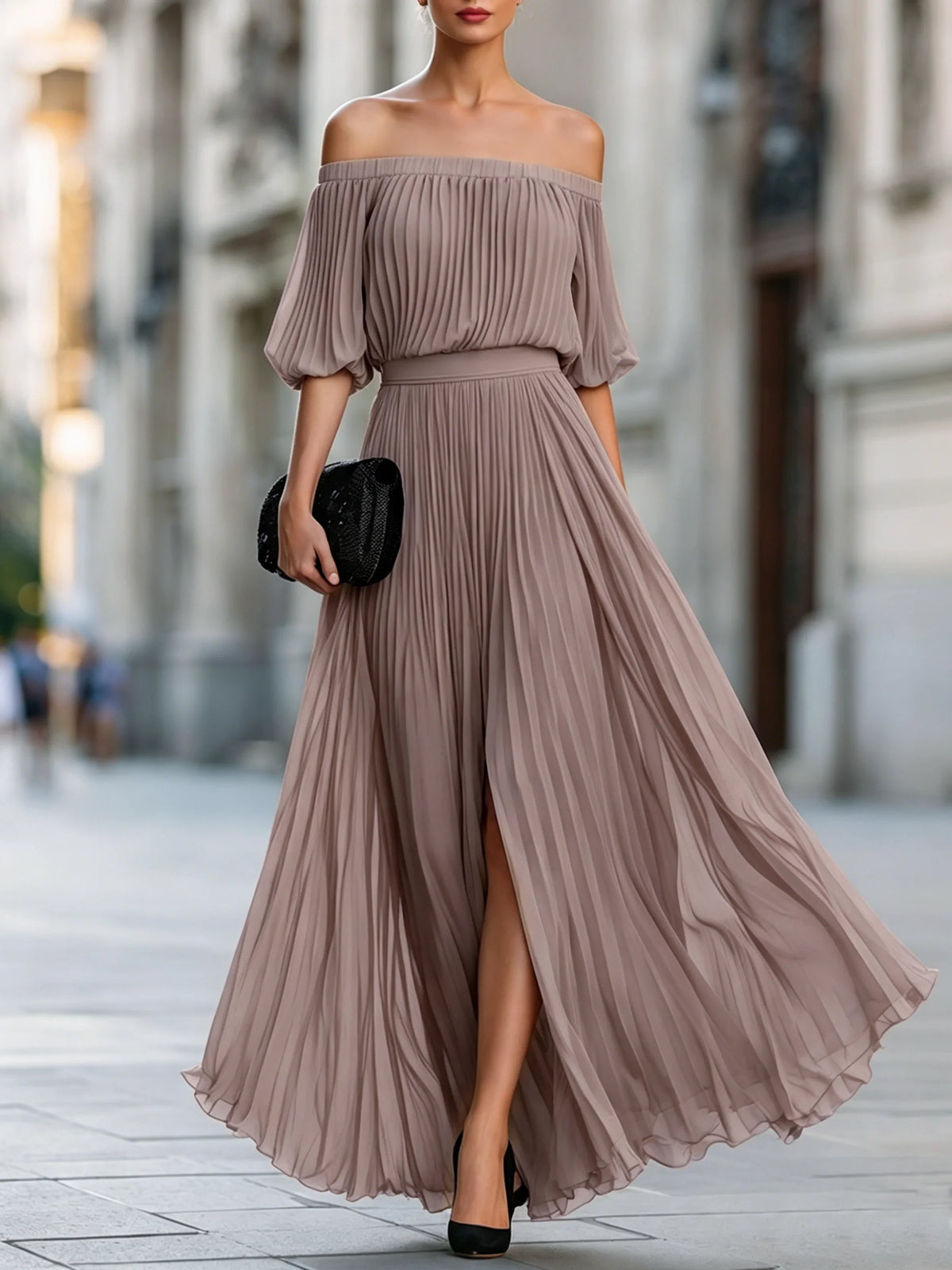 Women's Off Shoulder Pleated Maxi Evening Dress