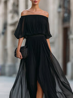 Women's Off Shoulder Pleated Maxi Evening Dress