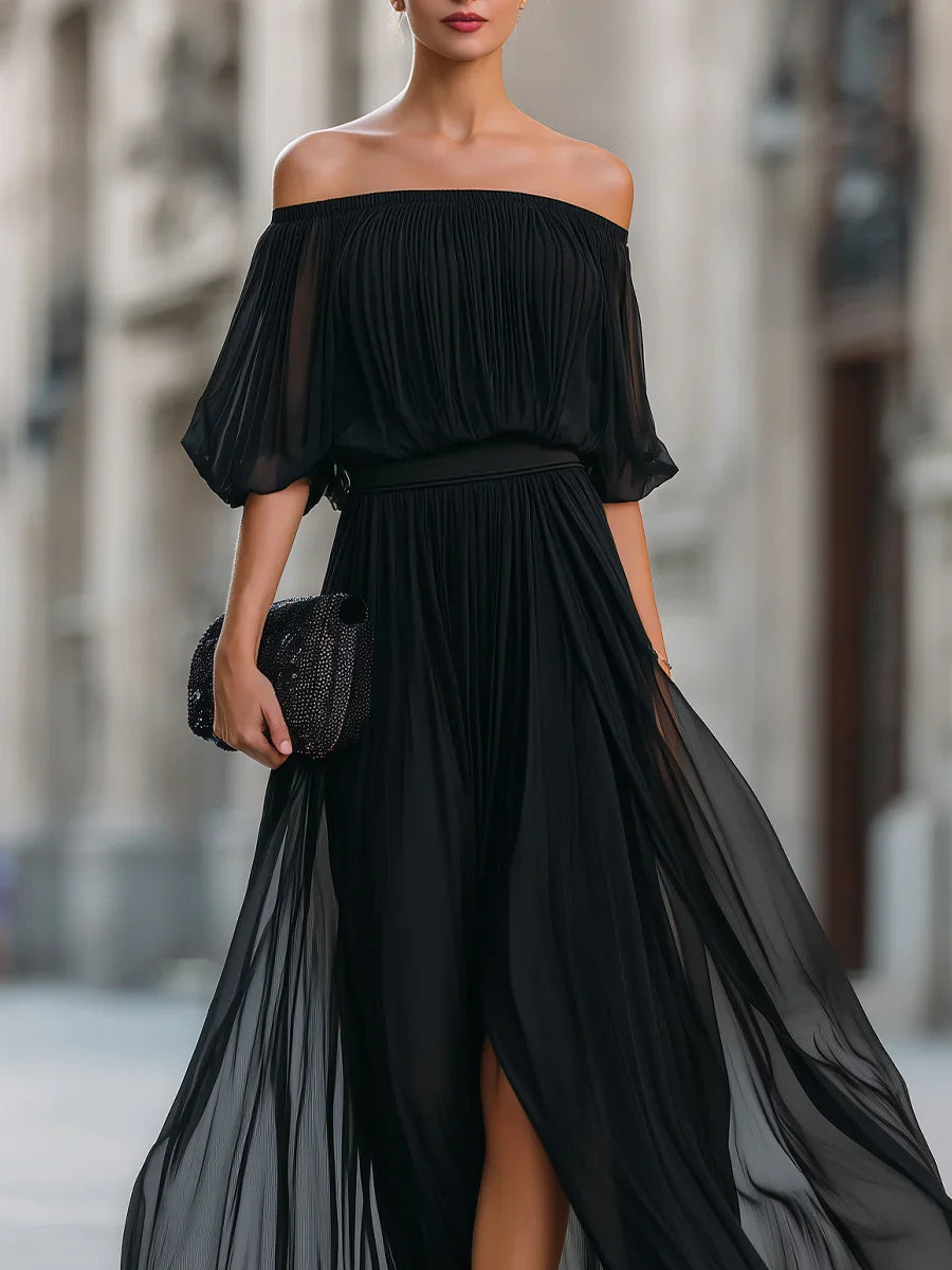 Women's Off Shoulder Pleated Maxi Evening Dress