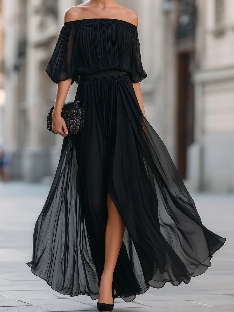 Women's Off Shoulder Pleated Maxi Evening Dress