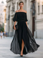 Women's Off Shoulder Pleated Maxi Evening Dress