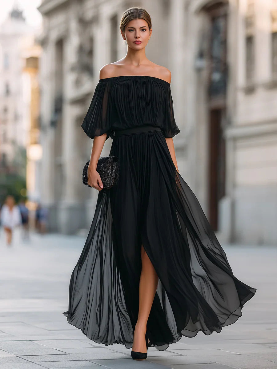 Women's Off Shoulder Pleated Maxi Evening Dress