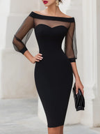 Women's Off Shoulder Midi Dress with Sheer Sleeves