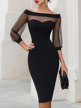Women's Off Shoulder Midi Dress with Sheer Sleeves