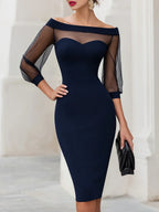 Women's Off Shoulder Midi Dress with Sheer Sleeves