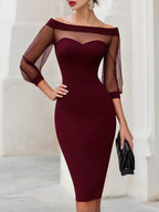 Women's Off Shoulder Midi Dress with Sheer Sleeves