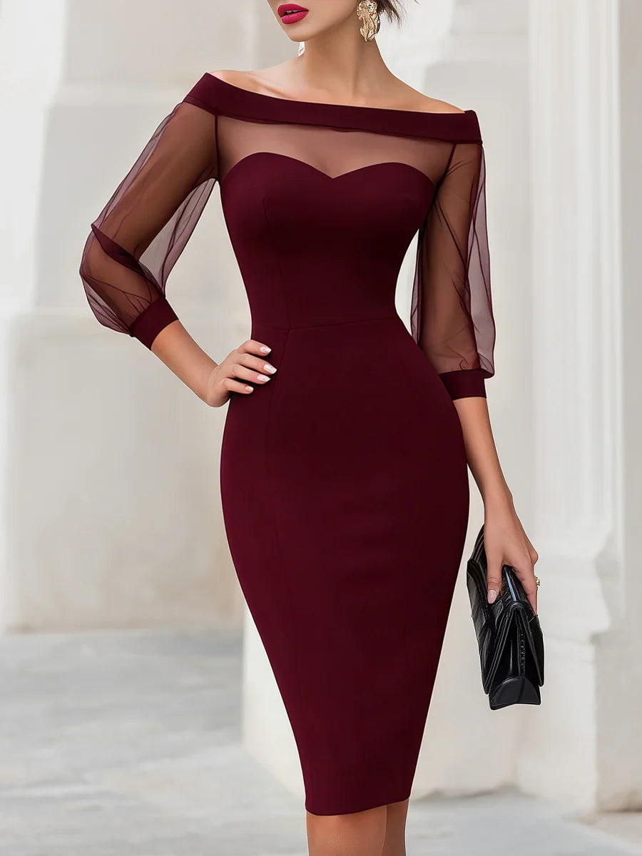Women's Off Shoulder Midi Dress with Sheer Sleeves