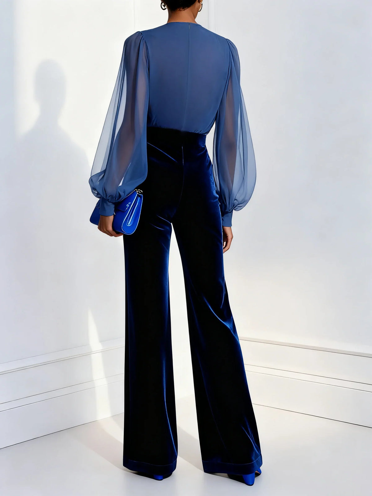 Women's Elegant Wide Leg Jumpsuit with Sheer Sleeves