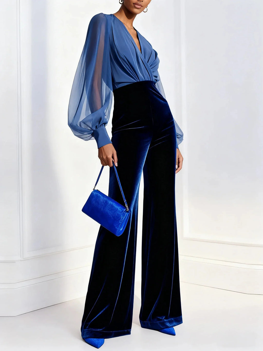 Women's Elegant Wide Leg Jumpsuit with Sheer Sleeves