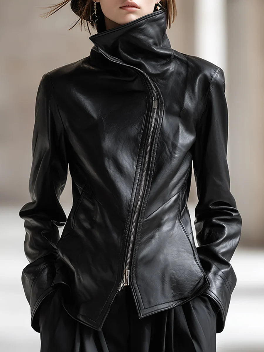 Women's Leather-Look Jacket with High Collar and Zipper