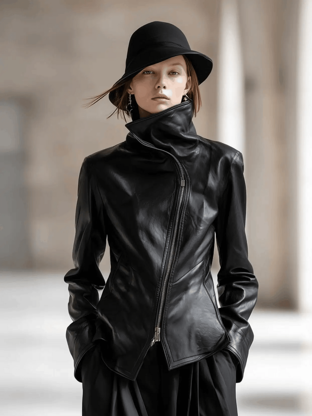 Women's Leather-Look Jacket with High Collar and Zipper