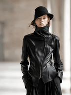 Women's Leather-Look Jacket with High Collar and Zipper