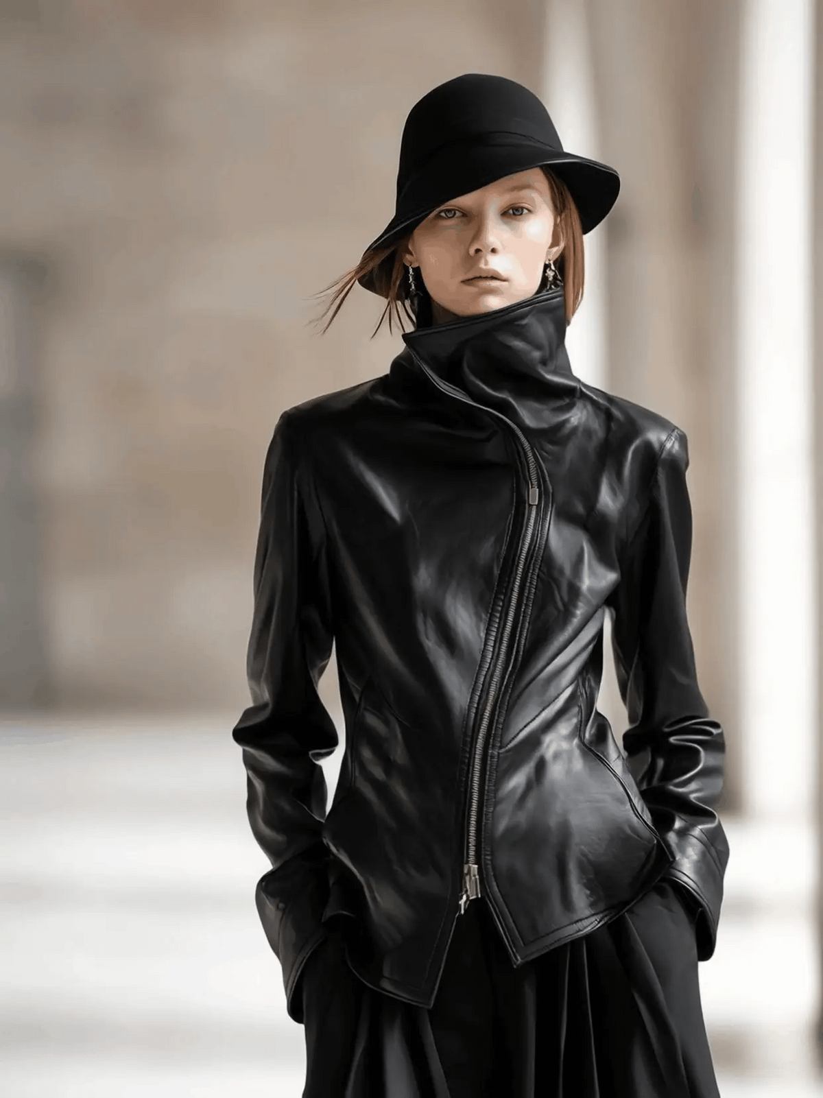 Women's Leather-Look Jacket with High Collar and Zipper