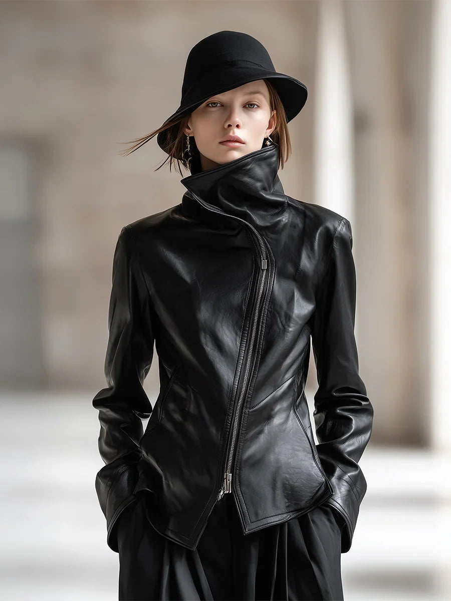 Women's Leather-Look Jacket with High Collar and Zipper