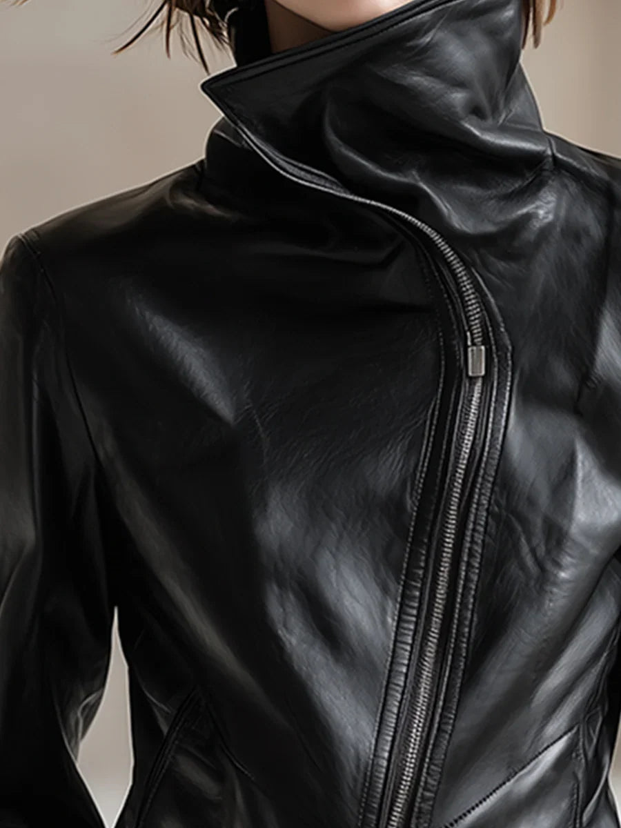 Women's Leather-Look Jacket with High Collar and Zipper