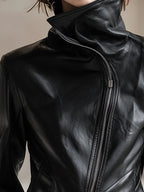 Women's Leather-Look Jacket with High Collar and Zipper