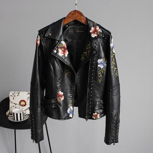 Women's Floral Leather-Look Biker Jacket with Studs