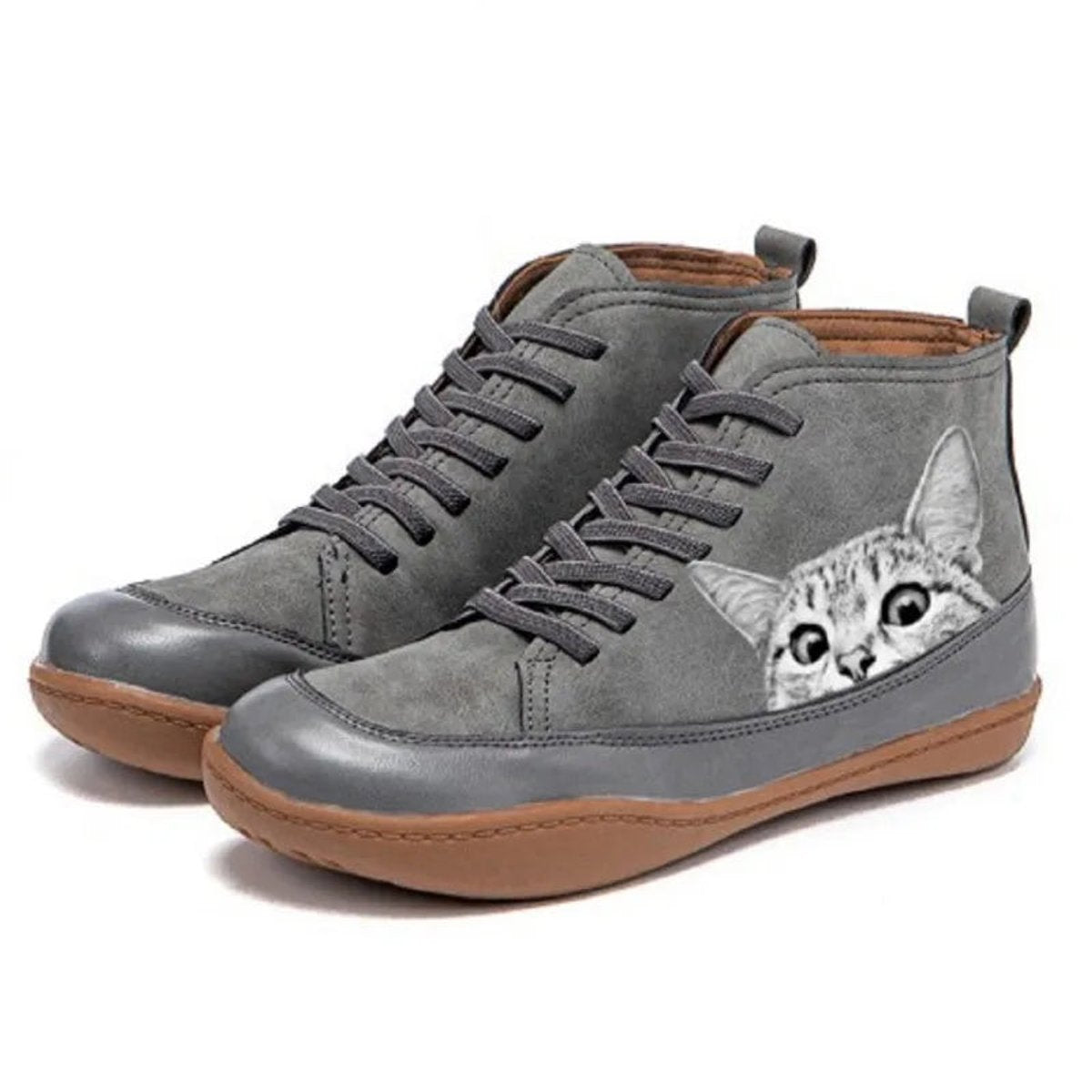 Women’s Cat Print Lace-Up Ankle Boots