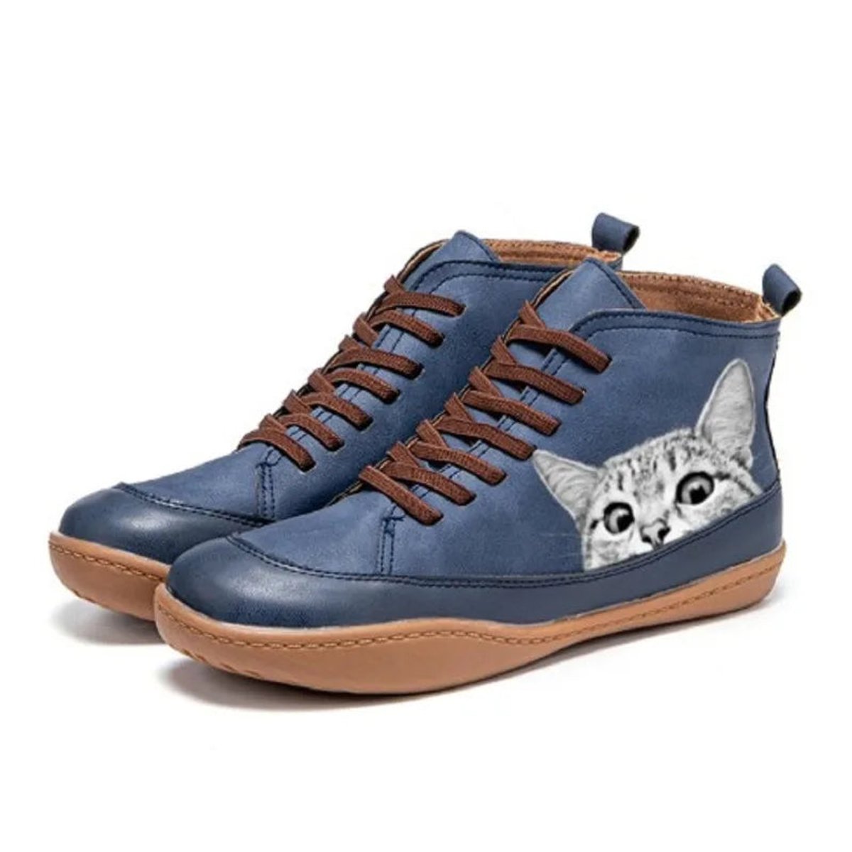 Women’s Cat Print Lace-Up Ankle Boots