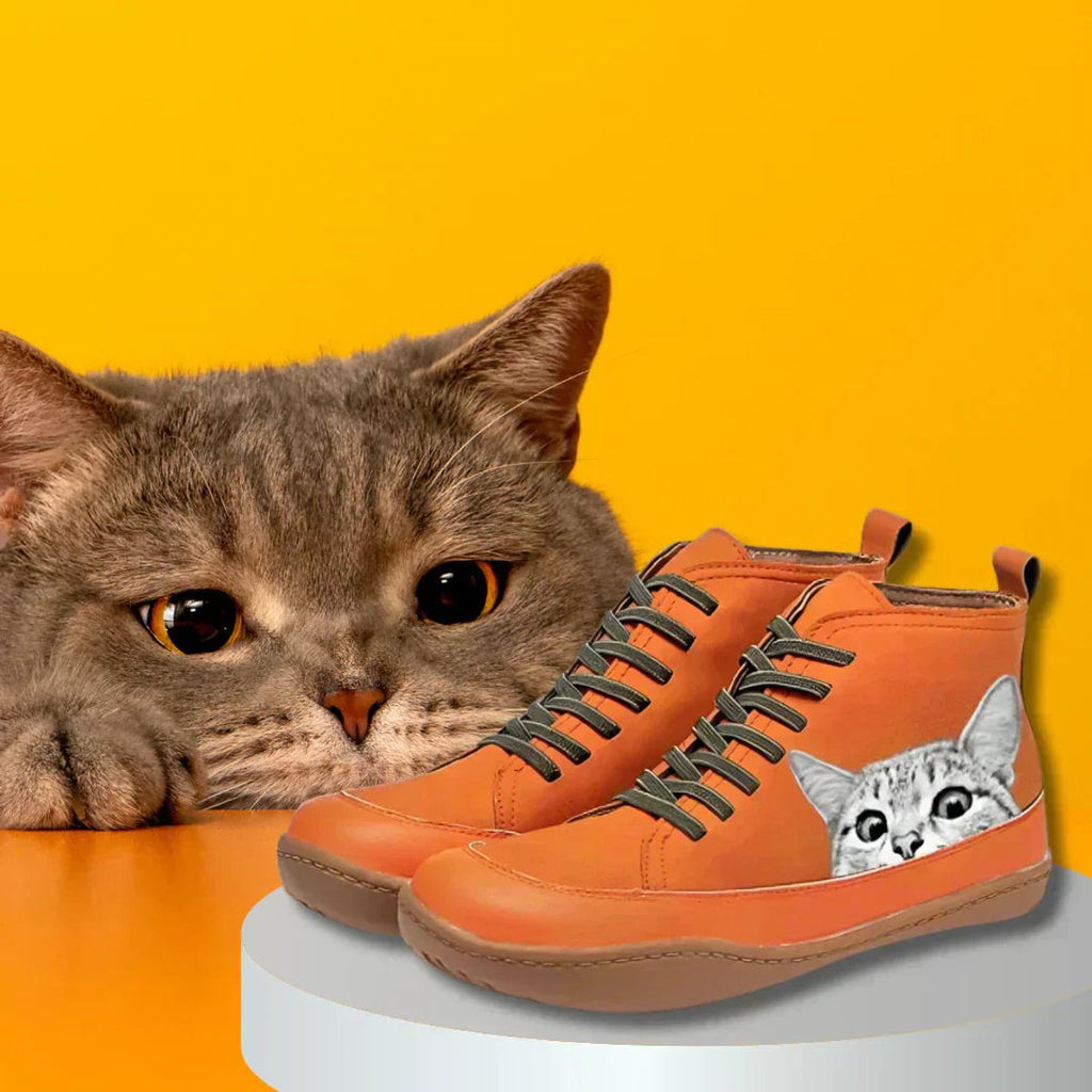 Women’s Cat Print Lace-Up Ankle Boots
