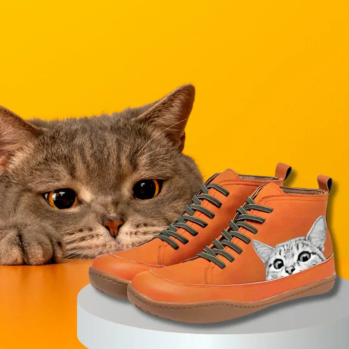 Women’s Cat Print Lace-Up Ankle Boots