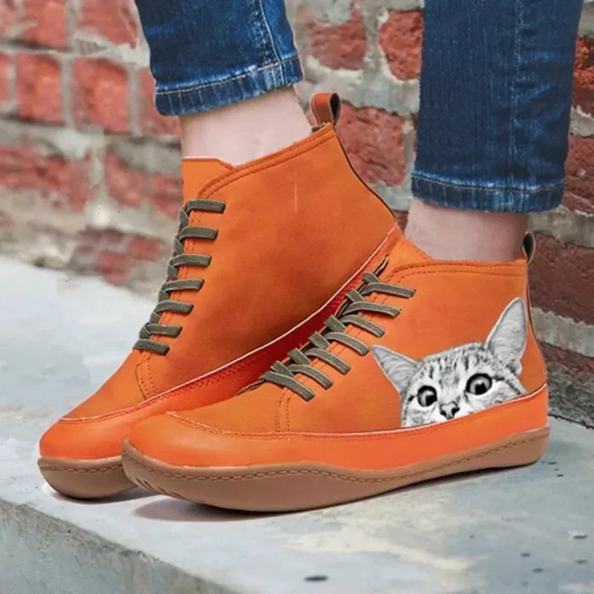 Women’s Cat Print Lace-Up Ankle Boots