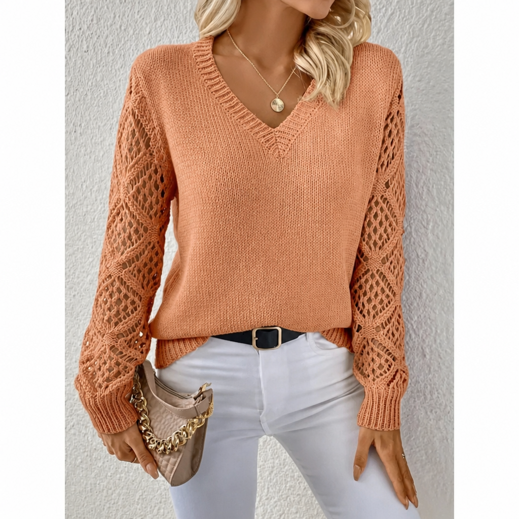 Women's V-Neck Openwork Sleeve Sweater