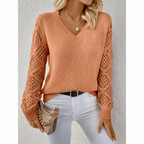 Women's V-Neck Openwork Sleeve Sweater