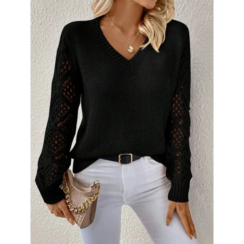 Women's V-Neck Openwork Sleeve Sweater