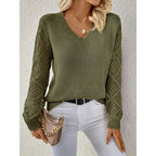 Women's V-Neck Openwork Sleeve Sweater