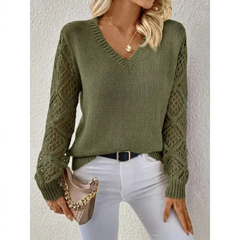 Women's V-Neck Openwork Sleeve Sweater