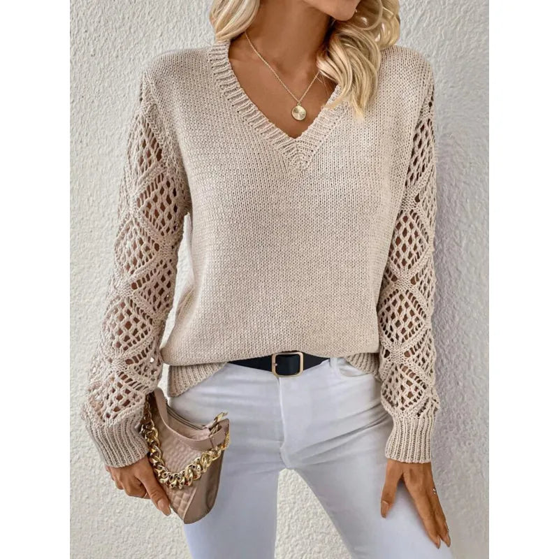 Women's V-Neck Openwork Sleeve Sweater