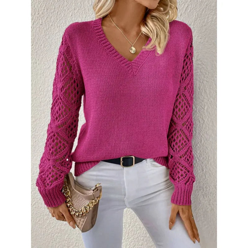 Women's V-Neck Openwork Sleeve Sweater