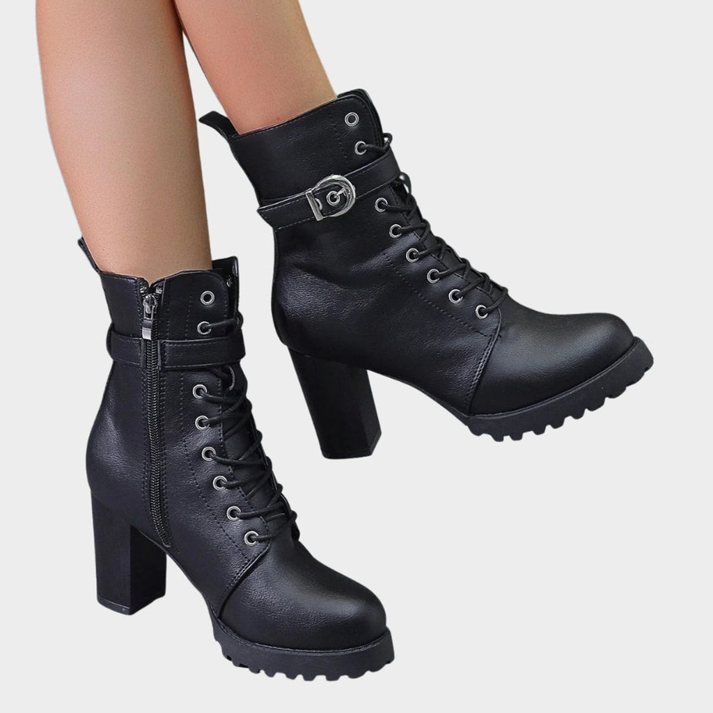 Women's Lace-Up Buckle Block Heel Boots