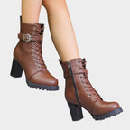 Women's Lace-Up Buckle Block Heel Boots