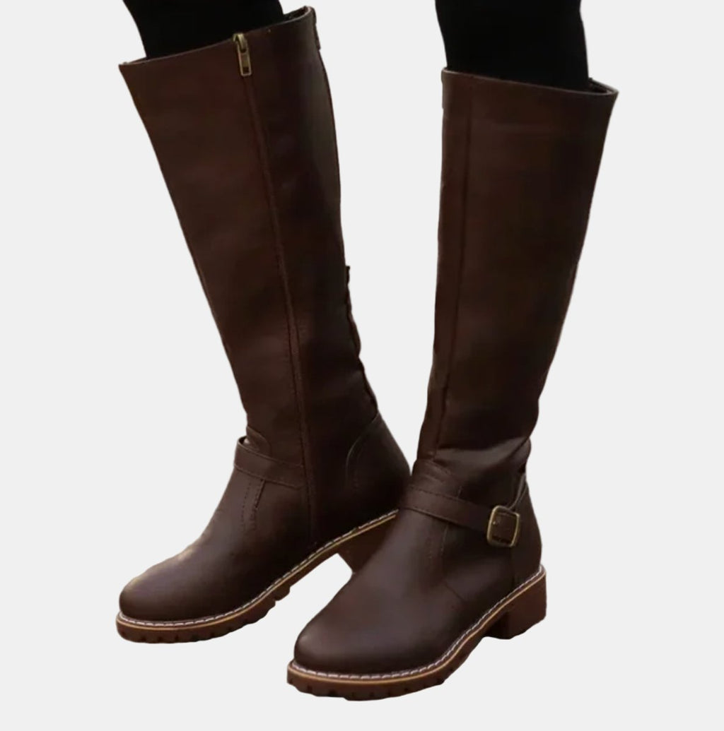 Women's Knee-High Buckle Low Heel Boots