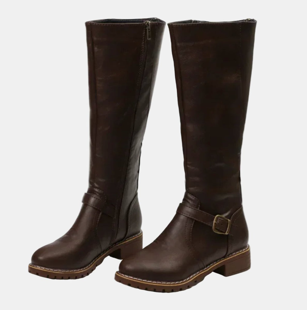 Women's Knee-High Buckle Low Heel Boots