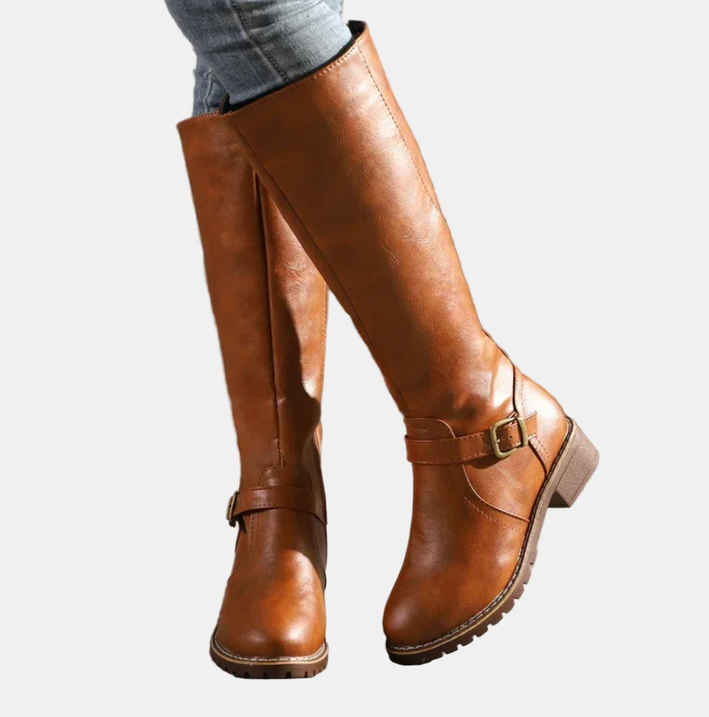 Women's Knee-High Buckle Low Heel Boots