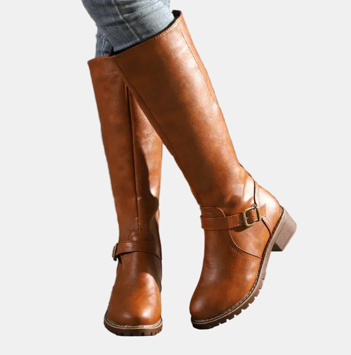 Women's Knee-High Buckle Low Heel Boots