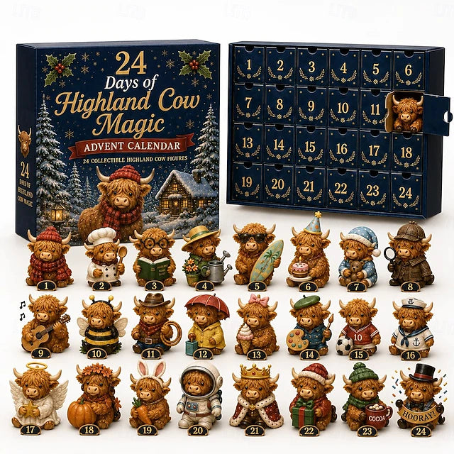 Highland Cow Christmas Advent Calendar with Figurines