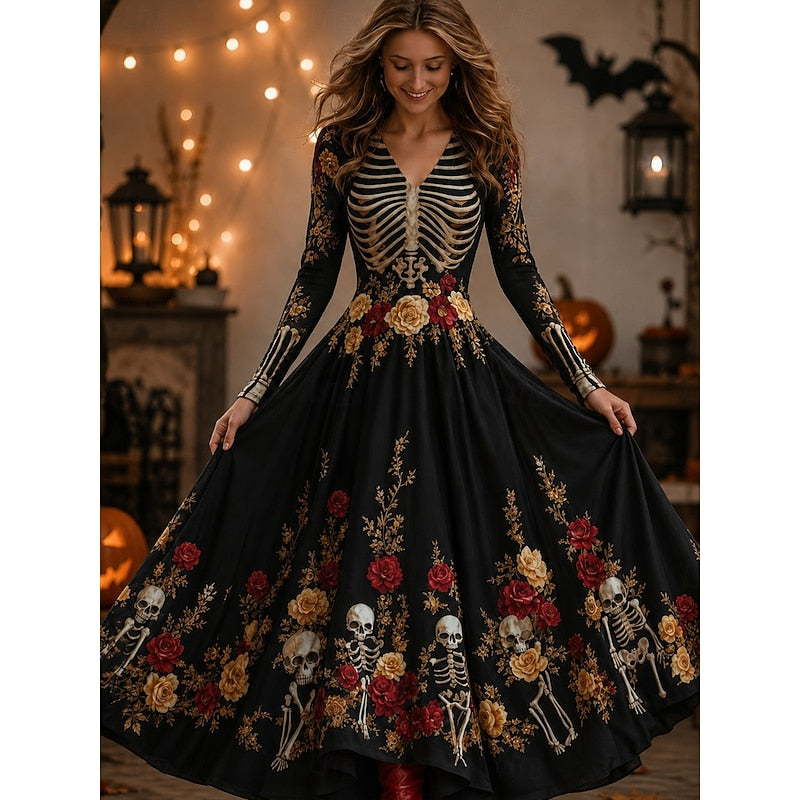 Women's Halloween Skeleton Print Long Sleeve Maxi Dress