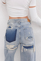 Women’s Distressed Patchwork Wide-Leg Jeans