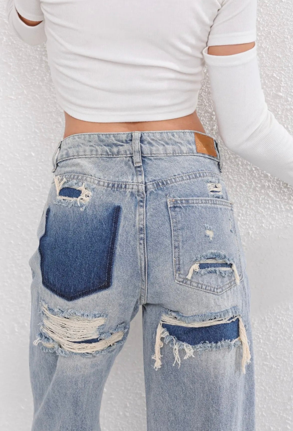 Women’s Distressed Patchwork Wide-Leg Jeans