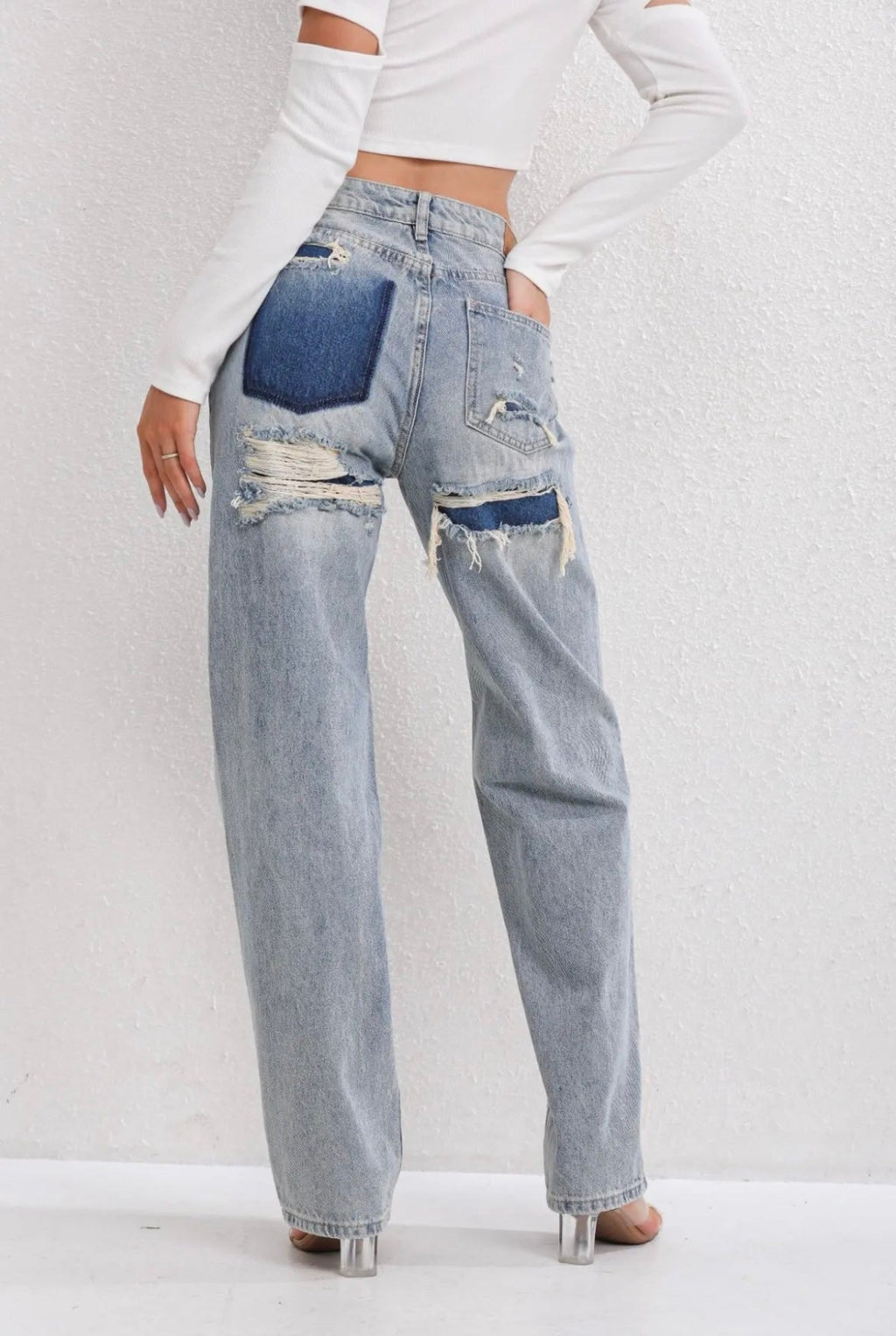 Women’s Distressed Patchwork Wide-Leg Jeans
